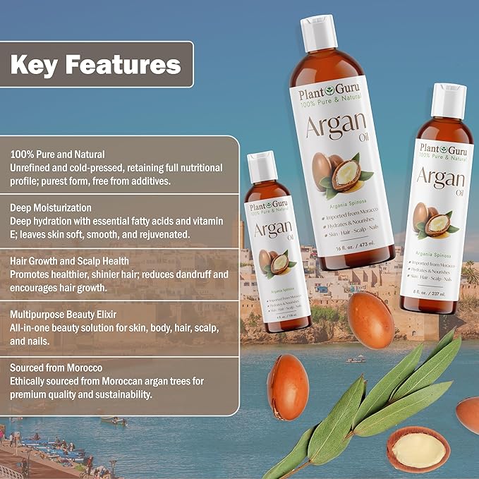 Argan Oil 16 fl. oz. Morocco Virgin, Cold Pressed 100% Pure Natural - Stimulates Hair Growth, Skin, Face And Body Moisturizer.