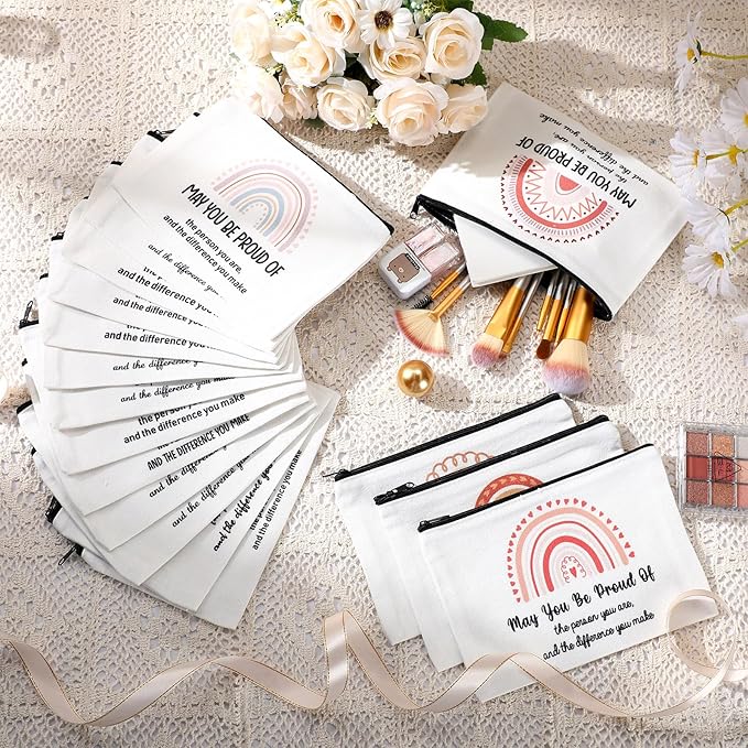 Sweetude 50 Pcs Rainbow Canvas Makeup Bags Inspirational Quotes Canvas Cosmetic Bag with Zipper Canvas Makeup Pouch Thank You Appreciation Gift for Women Teacher Christmas Favors(9.1 x 6.7 Inch)