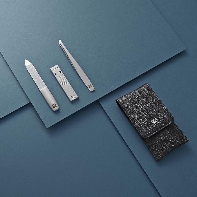 ZWILLING TWINOX Manicure Pedicure Set 3-Piece Made of 100% Cowhide with Push Button Closure, Black