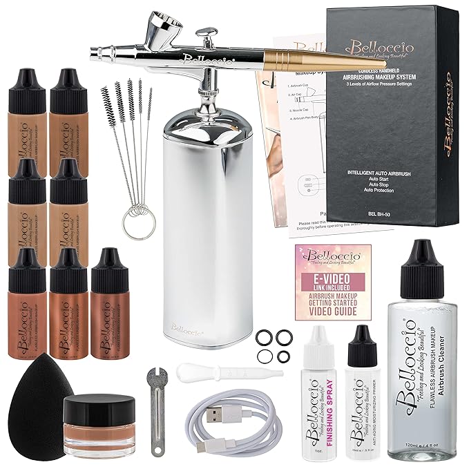 Belloccio Complete Cordless Handheld Airbrush Cosmetic Makeup System with 4 Tan Foundation Shades, Professional 18-Piece Kit, Moisturizing Primer, Blush, Bronzer, Highlighter, Concealer, User Guide