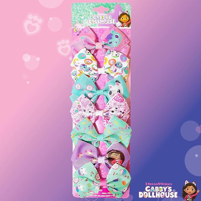 Gabby's Dollhouse Hair Bows - Hair Accessories Gift Set - Princess Hair Bows 7 Pcs 4 Inch Bundle Hair Bows for Girls Different Character on each Hair Clip Kids Bow - Alligator Clip - Ages 3 +