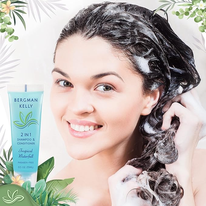 Bergman Kelly - Travel Size 2 in 1 Shampoo & Conditioner - 0.5 fl oz, 200 PK, Tropical Waterfall - Delight Your Guests w/Invigorating & Refreshing Shampoo Amenities - Small Hotel Toiletries in Bulk