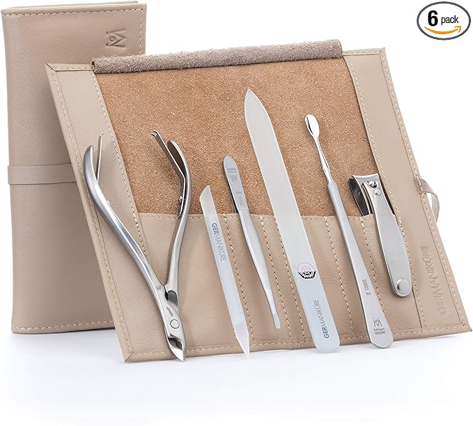 GERMANIKURE 6pc Manicure Set in Beige Leather Case - FINOX Stainless Steel Tools Made in Germany, Glass Nail Care Supplies Made in Czech Republic – Professional Cuticle and Nail Care Kit