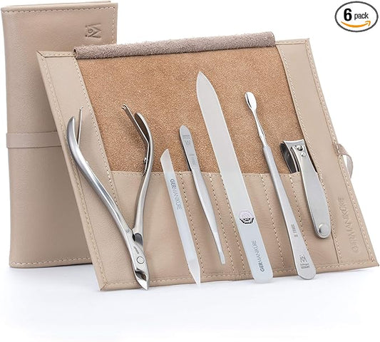 GERMANIKURE 6pc Manicure Set in Beige Leather Case - FINOX Stainless Steel Tools Made in Germany, Glass Nail Care Supplies Made in Czech Republic – Professional Cuticle and Nail Care Kit