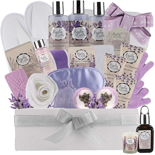 Valentines Gift Baskets for Women Spa Day! Natural Lavender Chamomile Spa Bath Sets for Women Gift Infused with Essential Oils. Sulfate Free Lavender Bath Set Spa Gift Set