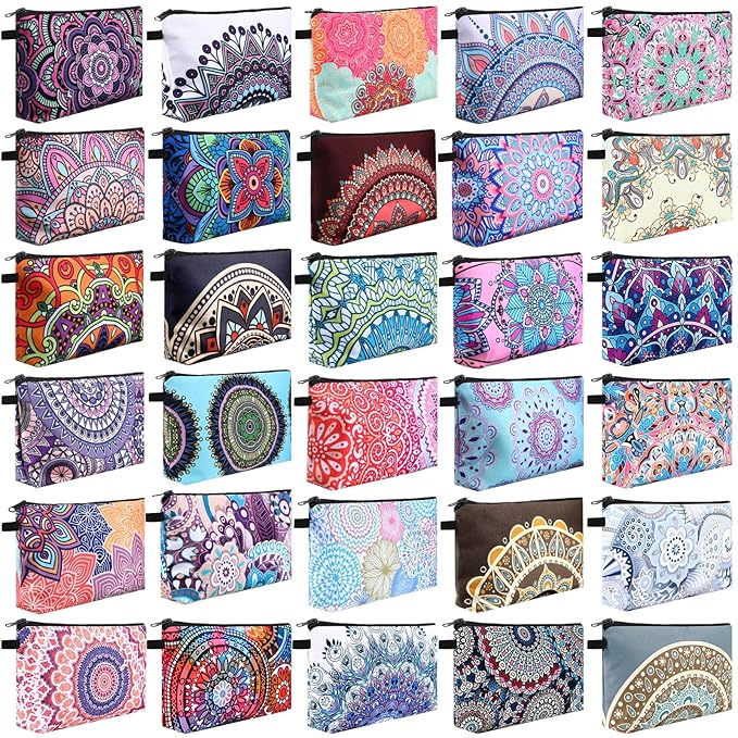 Kajaia 30 Pcs Makeup Bags Bulk Cosmetic Bag Graduation Gifts Mandala Flower Pouches Portable Zipper Makeup Pouch Waterproof Travel Toiletry Bag for Women Teacher Birthday Thanksgiving Christmas Gifts