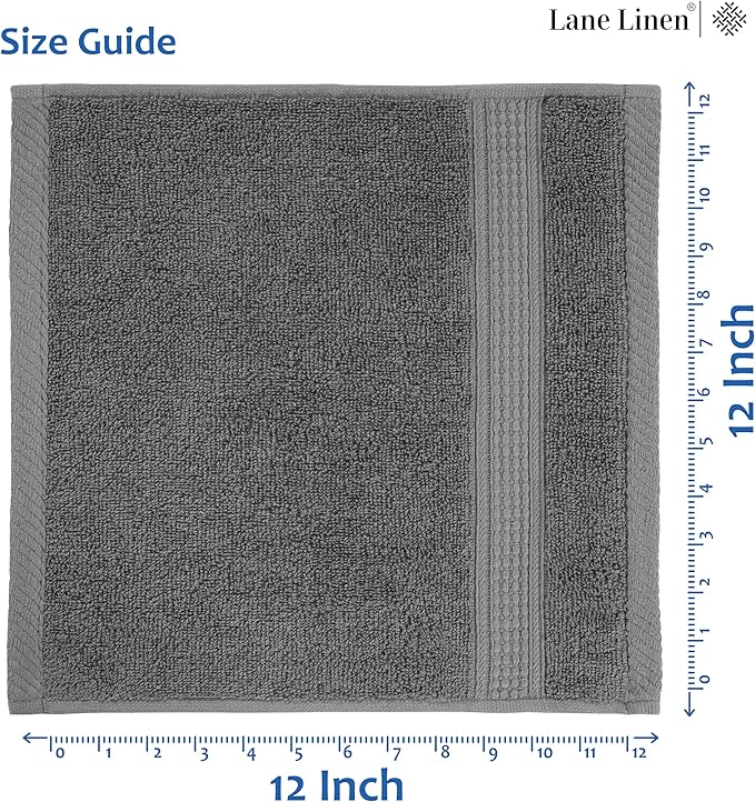 LANE LINEN Pack of 12 Washcloths Set - Spa & Salon Quality - 100% Mercerized Cotton Face Towels - Ring Spun, Very Soft & Absorbent Wash Cloths for Showering - Fingertip Towels - 13"x13", Space Grey