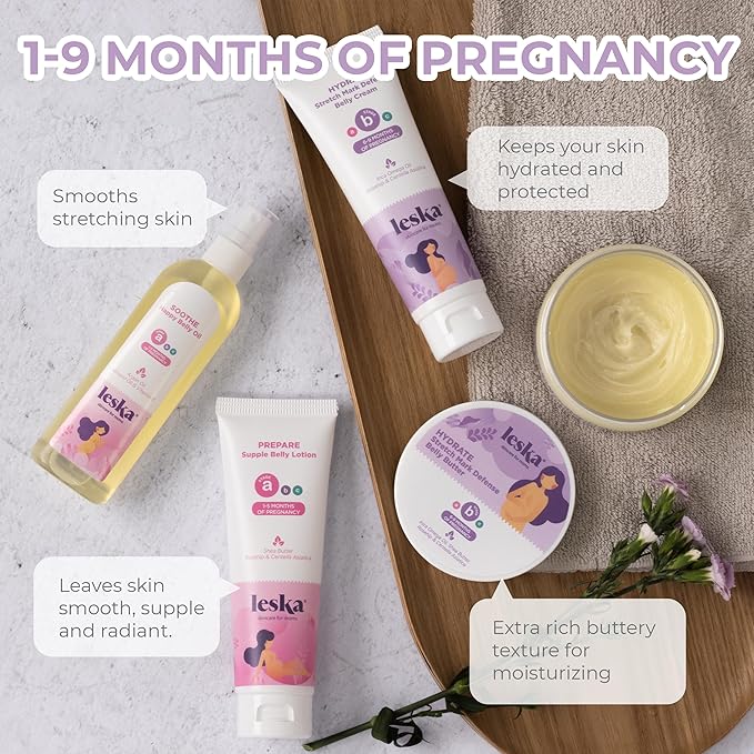 Leska Pregnancy Stages A & B Set | Belly Lotion, Belly Oil, Stretch Mark Defense Cream & Butter | Pregnant Mom Months 1-9 | Part of Complete 3-Part Pregnancy Skincare System (Set of 4, 4-4.93oz)