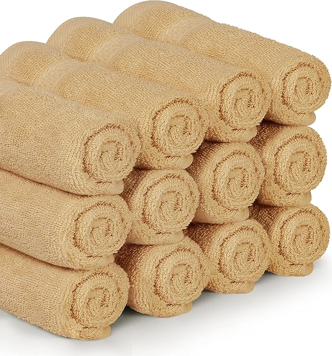 Utopia Towels 12 Pack Premium Wash Cloths Set, 12 by 12 Inches, 100% Cotton Ring Spun, Highly Absorbent and Soft Feel Essential Washcloths for Bathroom, Spa, Gym, and Face, Champagne