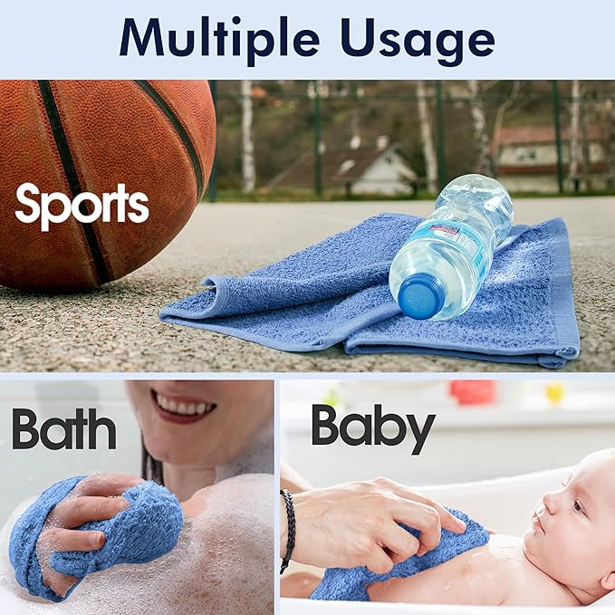 Oakias 100% Cotton Wash Cloths 24 Pack Blue - 12 x 12 Inches Ring Spun Cotton Facial Towels - Highly Absorbent Quick Dry Spa Towels - Bulk Washcloths Ideal for Scrubbing and Cleaning