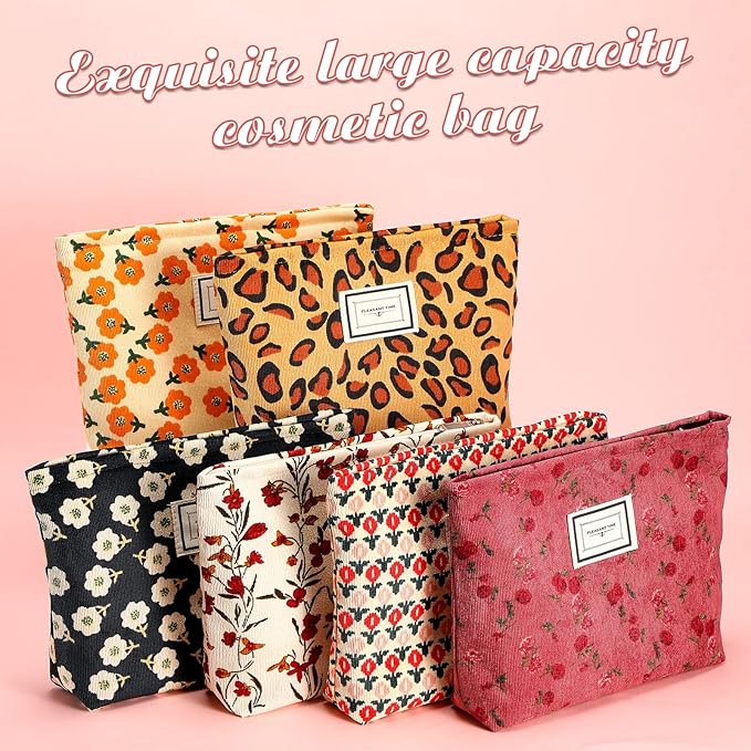 Sanwuta 6 Pcs Velvet Makeup Bag Large Capacity Corduroy Cosmetic Bag pattern Canvas Makeup Pouch with Zipper Travel Toiletry Accessories Organizer for Women Girls Gifts, 10 x 7 Inch(Flower)