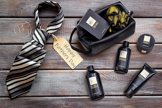 Bath and Body Spa Gift Baskets Set for Men - Sandalwood Amber - 7Pc Spa Kit w. Full Size Items in Leather Toiletry Bag - Fathers Day Birthday Gifts For Husband, Dad From Wife, Daughter Son