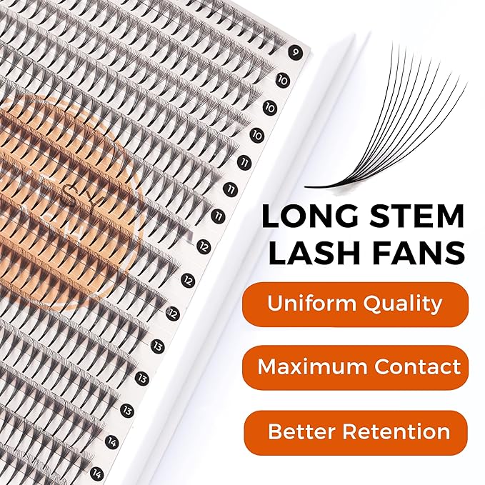 448 Narrow Promade Fans - 10D 0.07mm Thickness D Curl 9-15mm Mixed Lengths - Mega Volume Eyelash Extension Long Stem Narrow Premade Lash Fans Fluffy Pre Made Eyelash Extension Trays