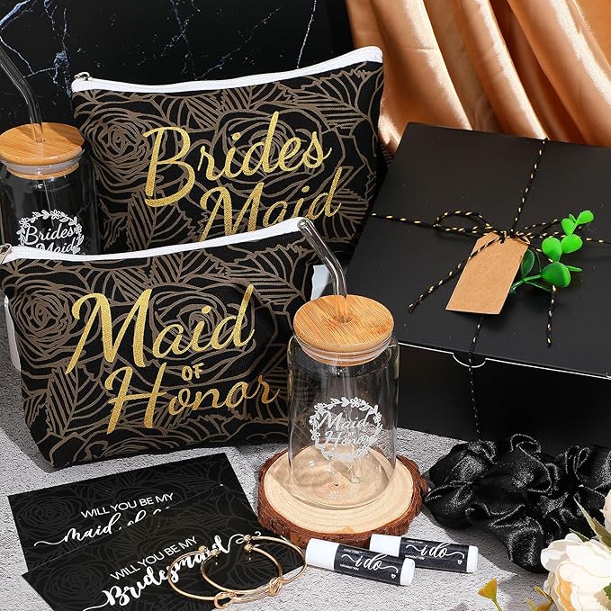54 Pcs Bridesmaid Proposal Gifts Bridesmaid Box Set Include Bridal Shower Gift Box Makeup Bag Invited Card Glass Cup Lip Balm Scrunchie Hair Knotted Bracelet for Maid of Honor(Black)