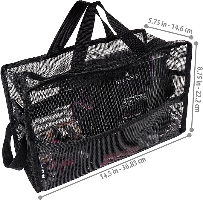 SHANY Collapsible Makeup Tools Travel Mesh Bag – Large See-Thru Travel Tote with Shoulder Straps – Water-Resistant with Zippered Pockets – Black