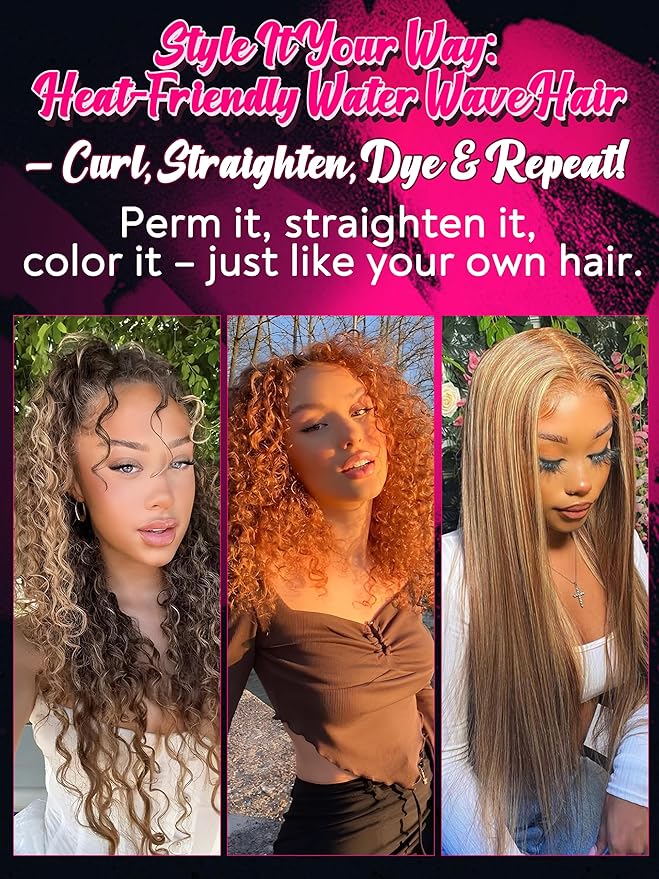 Human Hair Bundles 4 Bundles Hair Extensions 14 16 18 20 Inch Water Wave 100% Unprocessed Curly Brazilian Virgin Hair Wet and Wavy Human Hair Brown Highlight P4/27