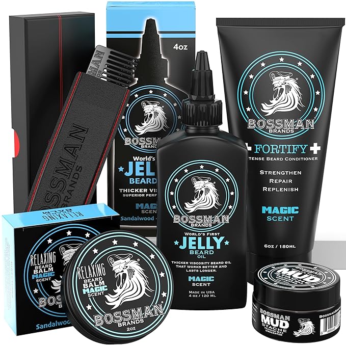 Bossman Complete Beard Kit – Men's Beard Oil Jelly, Fortifying Shower Conditioner, Balm, Mustache Wax & Comb – Beard Softener & Grooming Care (Magic Scent)