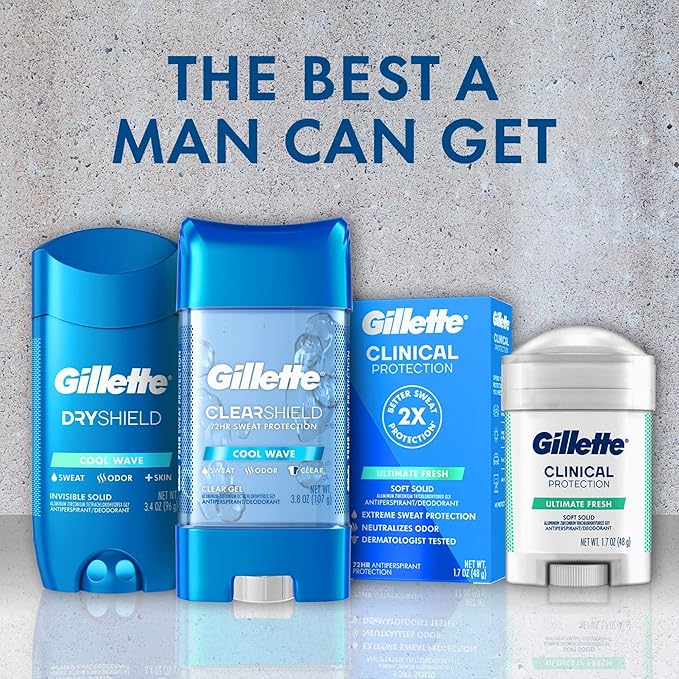 Gillette Clinical Antiperspirant and Deodorant for Men, 72hr Sweat & Odor Protection, Long Lasting Freshness, Anti-White Mark Technology, Soft Solid, Ultimate Fresh Scent, 1.7 oz (Pack of 3)