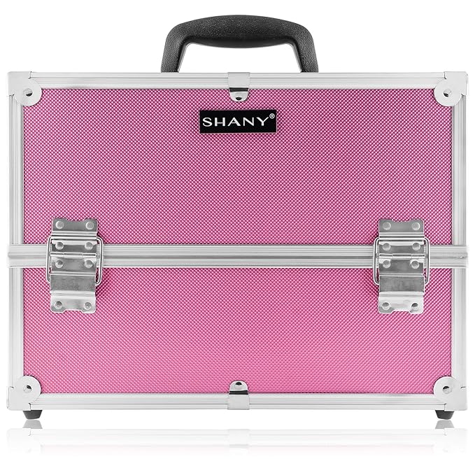SHANY Essential Pro Makeup Train Case Cosmetic Box Portable Makeup Case Cosmetics Beauty Organizer Jewelry storage with Locks, Multi Compartments Makeup Box and Shoulder Strap - Pink