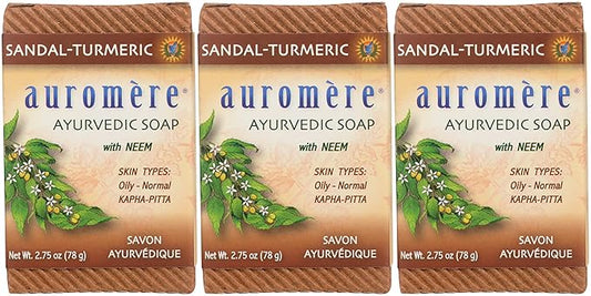 Auromere Ayurvedic Bar Soap, Sandal Turmeric - Eco Friendly, Handmade, Vegan, Cruelty Free, Natural, Non GMO (2.75 oz), 3 pack