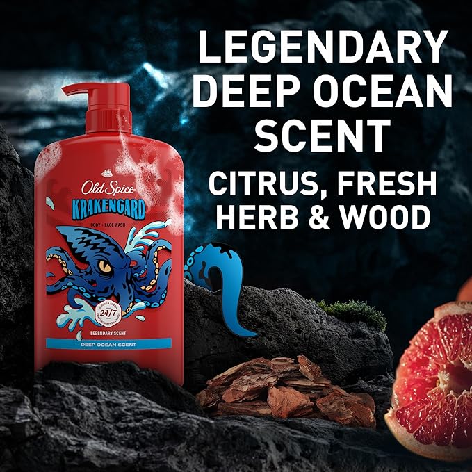 Old Spice Cleansing Body Wash for Men, 3X Defense, 24/7 Shower Fresh with Lasting Scent, 2-in-1 Body & Face Wash, Krakengard with Deep Ocean Scent, 33.4 (Pack of 4)