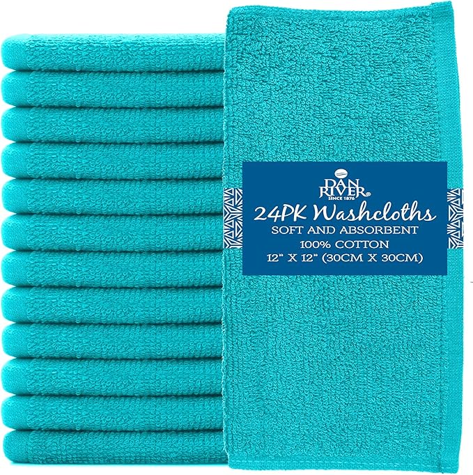 DAN RIVER 100% Cotton Washcloths 24 Pack Premium Quality Face and Body Cloth, Quick Dry Essential Towels for Bathroom, Hand, Kitchen & Cleaning, Baby Washcloths | 12X12 in | 400 GSM | Aqua