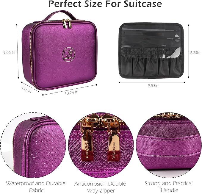 MOMIRA Travel Makeup Bag Cosmetic Bag Makeup Organizer Bag with Lighted Mirror, Adjustable Brightness in 3 Color Scenarios, Waterproof Makeup Train Case, Gift for Women - Brilliant Purple