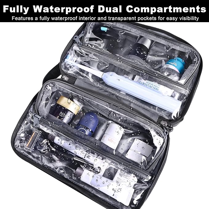 Toiletry Bag for Men, YKK Zippers Hanging Bathroom Shower Hygiene Bag with Metal XXL Swivel Hook, Big Comparment, Waterproof for Travel Accessories