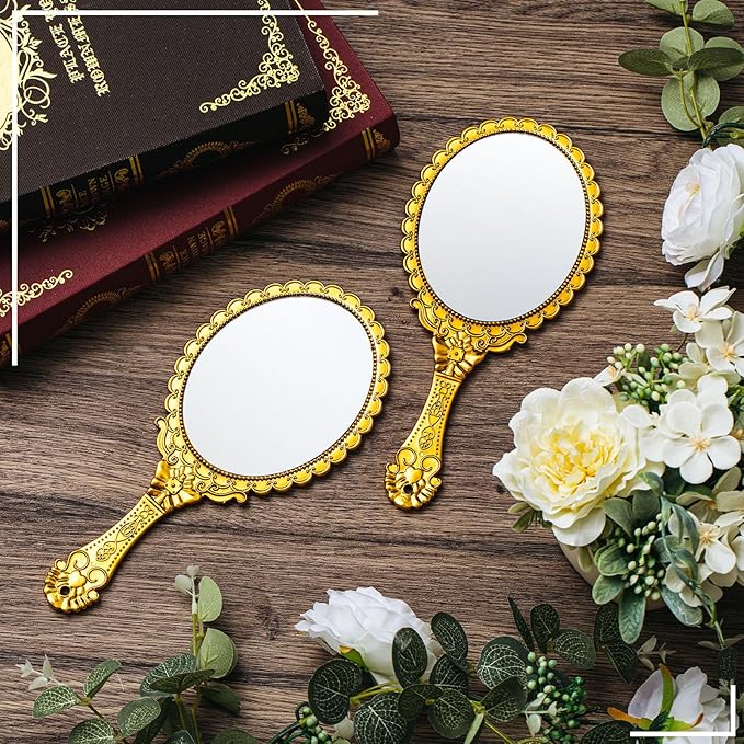 Qunclay 12 Pcs Vintage Handheld Mirror, 9.8" L x 4.5" W Small Gold Embossed Portable Princess Mirror for Classroom Kids Princess Party Favors Travel
