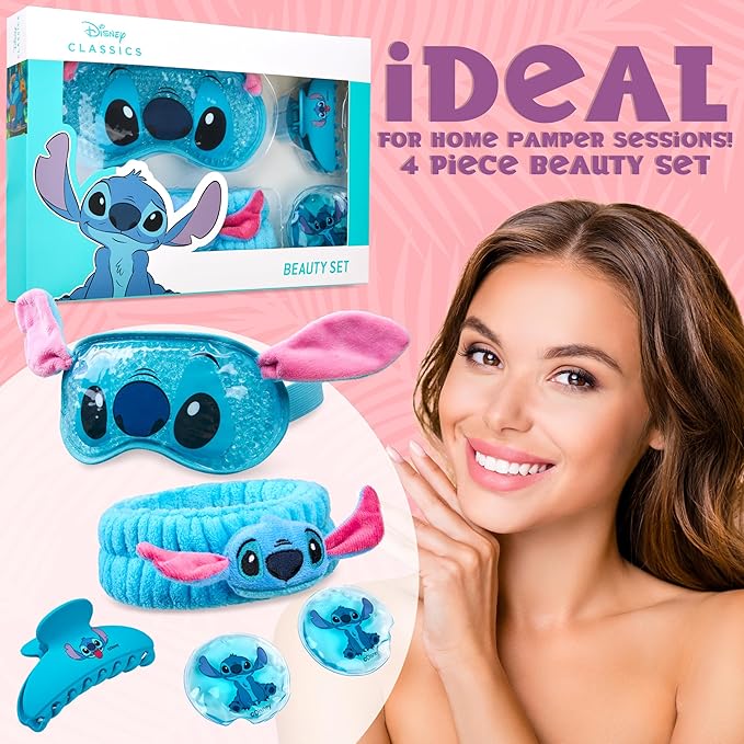 Disney Stitch Cooling Eye Mask & Beauty Accessories Set with Claw Clip Skincare Headband Cooling Eye Pads, Pampering Beauty Gifts for Women (Blue)
