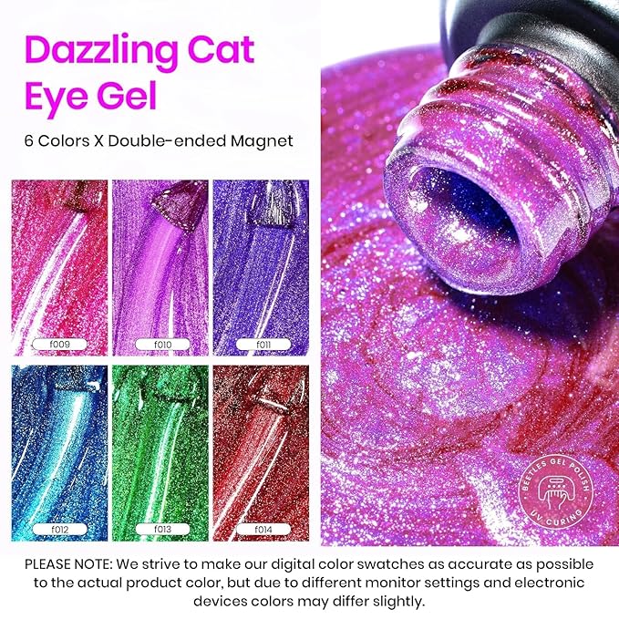Beetles Cat Eye Gel Nail Polish, 6 Colors Cat Eye Glitter Gel Polish Set Spring Summer Neon Colors Red Pink Purple Blue Green with Magnet Velvet Kit French Nail Art Manicure Gift for Women