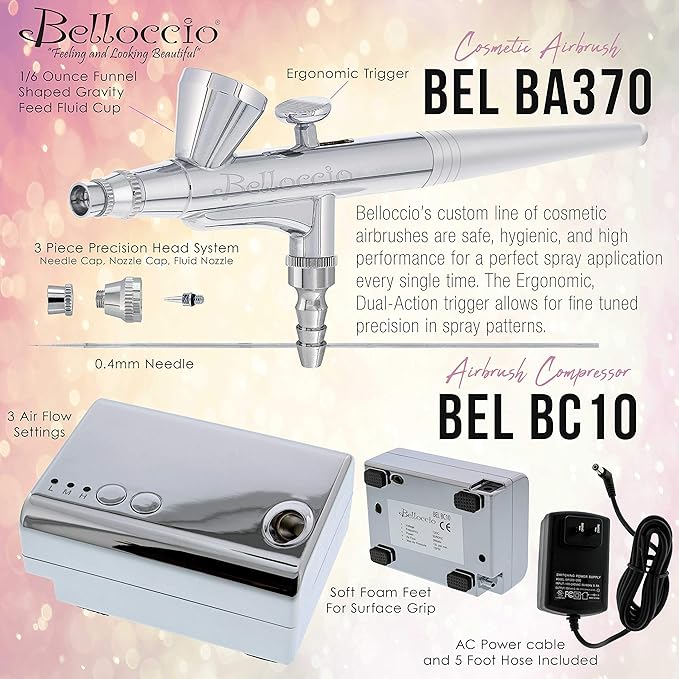 Belloccio Airbrush Cosmetic Makeup System with a MASTER SET of All 17 Foundation Shades plus Blush, Shimmer and Bronzer All in 1/2 oz bottles