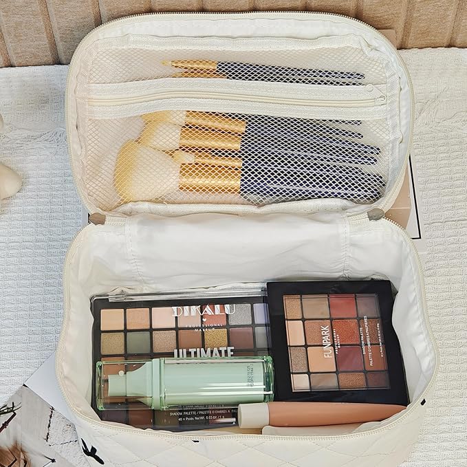 3Pcs Quilted Makeup Bag, Cute Floral Cotton Cosmetic Bag set, Coquette Bow Makeup Pouch Large Travel Toiletry Bag