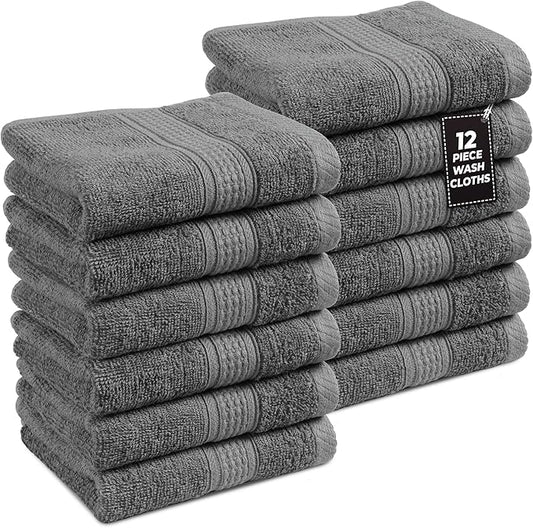 LANE LINEN Pack of 12 Washcloths Set - Spa & Salon Quality - 100% Mercerized Cotton Face Towels - Ring Spun, Very Soft & Absorbent Wash Cloths for Showering - Fingertip Towels - 13"x13", Space Grey