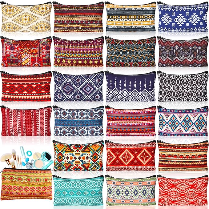24 Pieces Makeup Bags Bulk Canvas Cosmetic Bags Purse Organizer Zipper Cosmetic Pouch Portable Travel Toiletry Pouch for Women Men Gifts, 7 x 4 Inch(Ethnic)