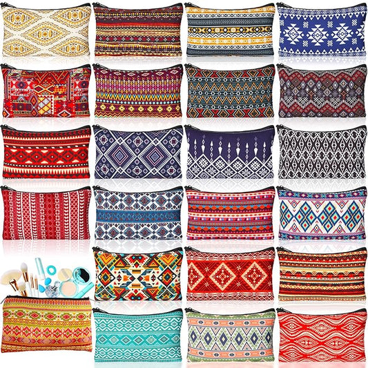 24 Pieces Makeup Bags Bulk Canvas Cosmetic Bags Purse Organizer Zipper Cosmetic Pouch Portable Travel Toiletry Pouch for Women Men Gifts, 7 x 4 Inch(Ethnic)