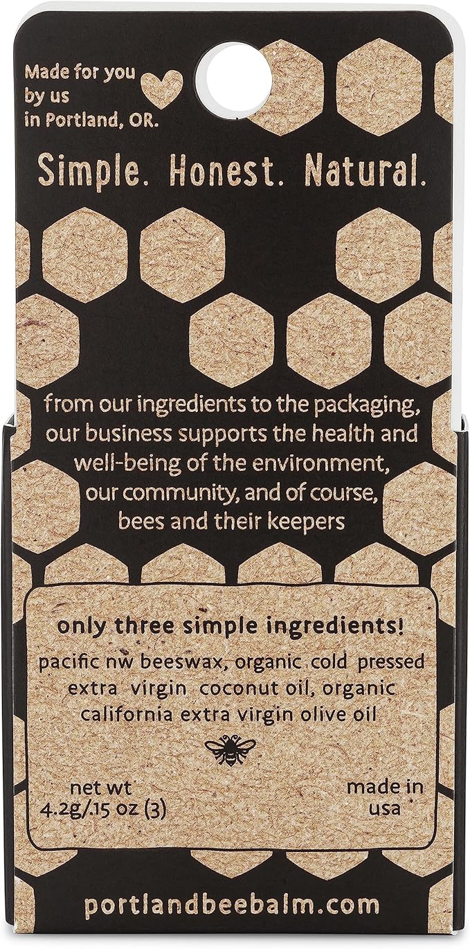 Portland Bee Balm All Natural Handmade Beeswax Based Lip Balm, Unscented 3 Count