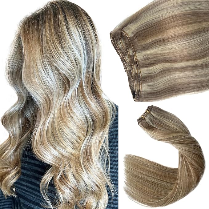 Sew in Hair Extensions Real Human Hair, 14 Inch Hand Tied Weft Hair Extensions Human Hair Weave Bundles Ash Brown Balayage Platinum Blonde Human Hair Weft Extensions Sew in Bundles 80G