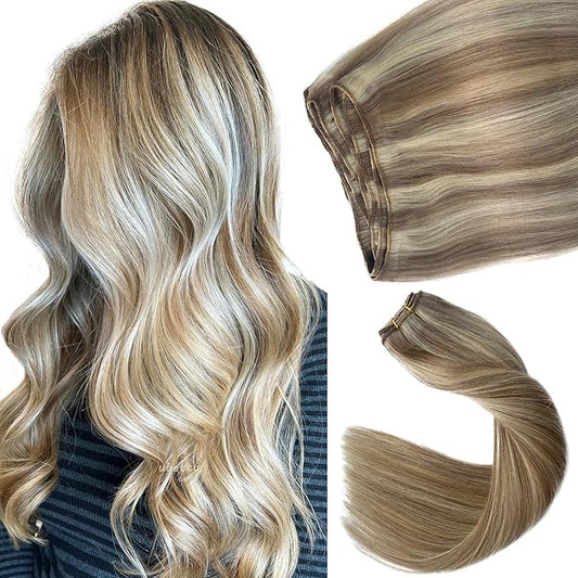 Sew in Hair Extensions Real Human Hair,Weft Hair Extensions Human Hair Bundles,20 Inch 100G Ash Brown to Platinum Blonde Hair Extensions Real Human Hair Weft Weave Bundles for Women