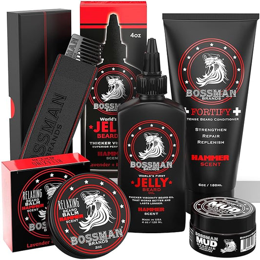 Bossman Complete Beard Kit – Men's Beard Oil Jelly, Fortifying Shower Conditioner, Balm, Mustache Wax & Comb – Beard Softener & Grooming Care (Hammer Scent)