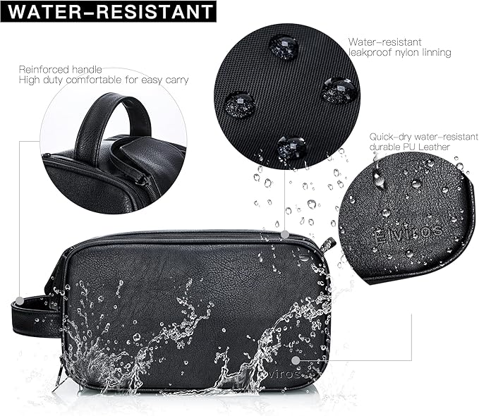 Elviros Toiletry Bag for Men, Large Travel Shaving Dopp Kit Water-resistant Bathroom Toiletries Organizer PU Leather Cosmetic Bags (Medium, Black)