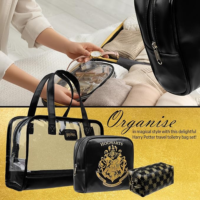 Harry Potter Toiletry Bags for Women Teenagers Girls, Set of 3 Zipped Wash Bag and Cosmetic Bag Holiday Essentials