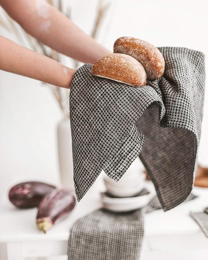 Pure 100% Linen Hand Towels - Set of 2 Linen Kitchen Towels Waffle Weave Black-Natural - 13 x 29-inch Soft Lightweight Stone-Washed Dish Towels - Quick-Dry Tea Towel - Kitchen Linens