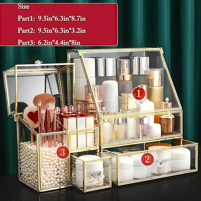 CONHENCI Large Glass Makeup Organizer Drawer Set Beauty Storage Bathroom Counter Organizer Cosmetic Display (11.5inx8.5inx5.5in)
