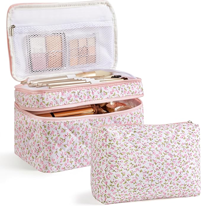 HBselect 2Pcs Travel Makeup Bag, Large Cotton Quilted Makeup Bag Cosmetic Bag Cute Make up Bag Toiletry Bags for Women Girls