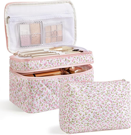 HBselect 2Pcs Travel Makeup Bag, Large Cotton Quilted Makeup Bag Cosmetic Bag Cute Make up Bag Toiletry Bags for Women Girls
