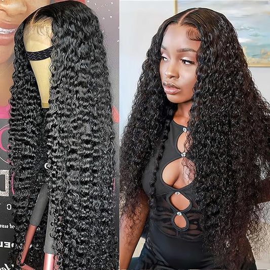 5x5 Hd Lace Closure Wigs Human Hair Pre Plucked Pre Cut Reay to Wear and Go 100% Human Hair Deep Wave Glueless Curly Closure Wig for Women Wet and Wavy Natural Color 24 Inch