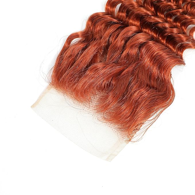 REMY HAIR FASHION Human Hair Deep Wave Bundles with Closure #350 Ginger Human Hair Bundles 14 16 18 Inch with Closure 14 Inch Burnt Orange Deep Curly Human Hair Bundles with Closure