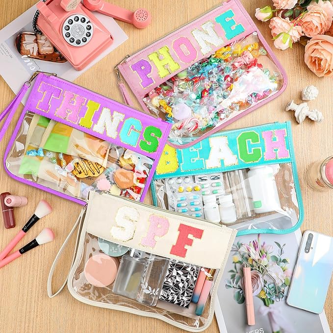 Buryeah 4 Pcs Chenille Letter Pouch Flat Nylon Clear Snack Bags Flat Multipurpose Zipper Makeup Bag for Travel Toiletry Bag Water-proof Cosmetic Pouch for Women(Modern Style)