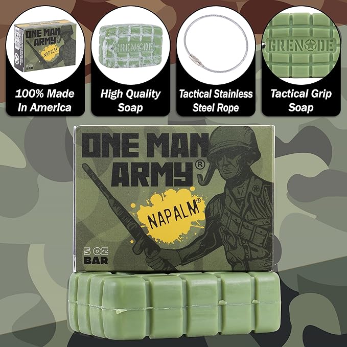 ONE MAN ARMY Napalm Bar Soap for Men by Grenade Grooming, Body and Face Natural Cleanser, Fresh Masculine Scent, Gift for Armed Forces and Military Enthusiasts, American Made, 4 Pack